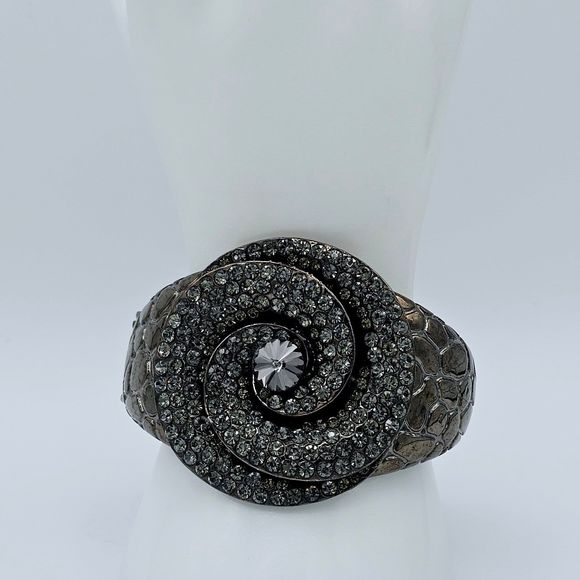 Statement Bracelet Pave Rhinestone Floral Swirl Gem Gun Metal Reptile Print Cuff - Picture 8 of 11